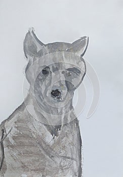 Grey dog. Puppy. Childrens drawing. Watercolor picture