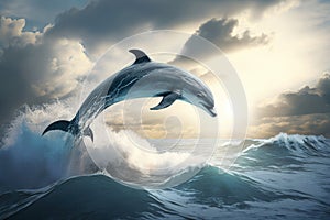 Grey dolphin jumps out of the water over breaking waves. Marine animals wallpaper.