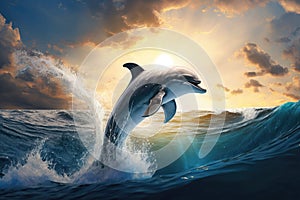 Grey dolphin jumps out of the water over breaking waves. Marine animals wallpaper.