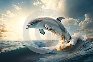 Grey dolphin jumps out of the water over breaking waves. Marine animals wallpaper.