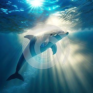 Grey dolphin swimming underwater. Marine animals wallpaper.