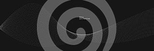 Grey dots in motion vector abstract background over black, particles array wavy flow, curve lines of points in movement,