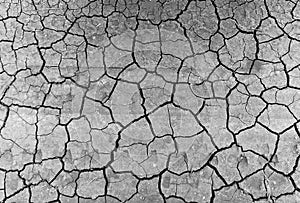 Grey dried and cracked ground earth background. Closeup of dry fissure dark ground. erosion