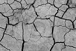 Grey dried and cracked ground earth background. Closeup of dry fissure dark ground. erosion