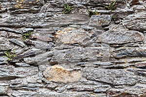 Grey dry stone wall.