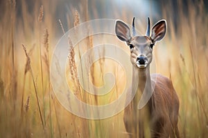 a grey duiker standing alert among tall grasses