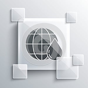 Grey Earth planet in water drop icon isolated on grey background. World globe. Saving water and world environmental