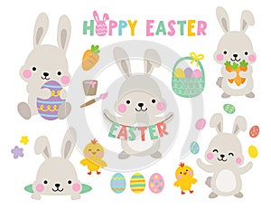 Grey Easter Bunny Rabbits with Chicks and Easter Eggs Vector Illustration