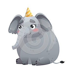 Grey Elephant with Trunk Sitting in Birthday Hat Vector Illustration