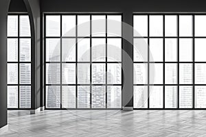 Grey empty hall in studio apartment, panoramic window on city view