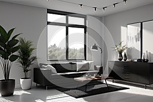 Grey fabric corner sofa in room with concrete and wood paneling Minimalist loft home interior design of modern living