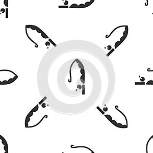 Grey Fishing rod icon isolated seamless pattern on white background. Catch a big fish. Fishing equipment and fish