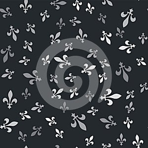 Grey Fleur De Lys icon isolated seamless pattern on black background. Vector