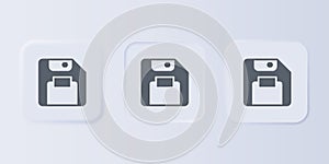 Grey Floppy disk for computer data storage icon isolated on grey background. Diskette sign. Set icons in square buttons