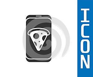 Grey Food ordering pizza icon isolated on white background. Order by mobile phone. Restaurant food delivery concept