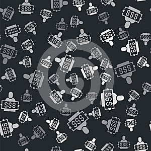 Grey Fortune lottery win composition with lucky winner holding prize ticket icon isolated seamless pattern on black