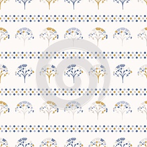 Grey french blu vector floral polka dot stripe seamless pattern. Pretty spring carnation stylized background. Country farmhouse