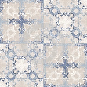 Grey french linen vector ceramic tilee texture seamless pattern. Square mosaic azulejos. Grunge shabby chic abstract