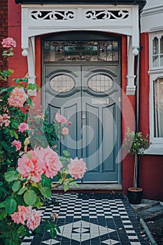 Grey front door of an traditional Edwardian house in London, UK