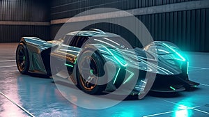 Grey Future Electric Sport Car concept with some Green lights without any brand inside a Garage - AI Generated