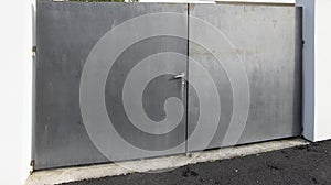 Grey gate brut steel sheet home aluminum portal of suburb house in street view