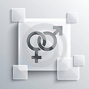 Grey Gender icon isolated on grey background. Symbols of men and women. Sex symbol. Square glass panels. Vector