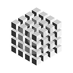 Grey geometric cube of 64 smaller isometric cubes. Abstract design element. Science or construction concept. 3D vector