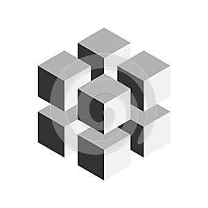 Grey geometric cube of 8 smaller isometric cubes. Abstract design element. Science or construction concept. 3D vector