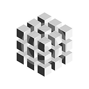 Grey geometric cube of 27 smaller isometric cubes. Abstract design element. Science or construction concept. 3D vector