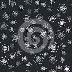 Grey Global technology or social network icon isolated seamless pattern on black background. Vector