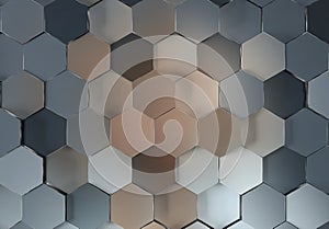 Grey and gradient glossy hexagons background pattern. Abstract hexagonal texture. 3D rendering