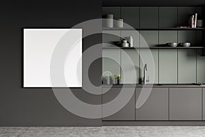 Grey and green kitchen with empty square mockup