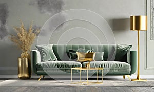 Grey green living room. Lounge area chair with an