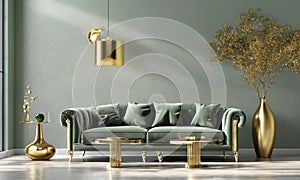 Grey green living room. Lounge area chair with an