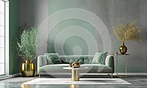 Grey green living room. Lounge area chair with an