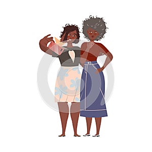 Grey Haired Mother Taking Selfie with Her Adult Daughter Vector Illustration