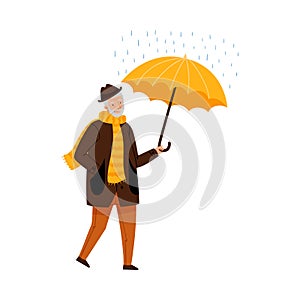Grey Haired Senior Man Walking Under Umbrella in Rainy Day Vector Illustration