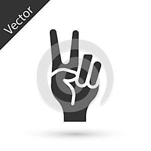 Grey Hand showing two finger icon isolated on white background. Hand gesture V sign for victory or peace. Vector