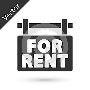 Grey Hanging sign with text For Rent icon isolated on white background. Signboard with text For Rent. Vector