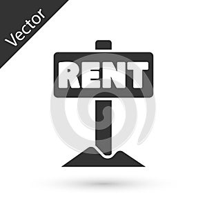 Grey Hanging sign with text Rent icon isolated on white background. Signboard with text For Rent. Vector