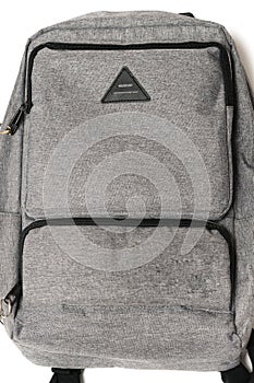 A grey haversack backpack closeup photo