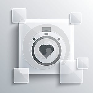 Grey Heart in the center stopwatch icon isolated on grey background. Valentines day. Square glass panels. Vector