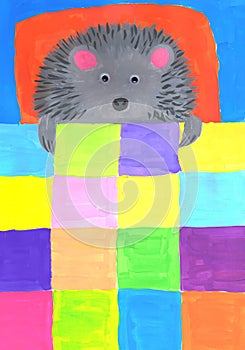 A grey hedgehog lies under a tartan blanket. Children`s drawing