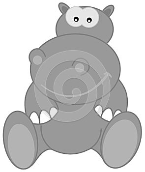 A grey hippo sitting smiling