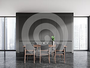 Grey home meeting room interior with eating table and seats, panoramic window