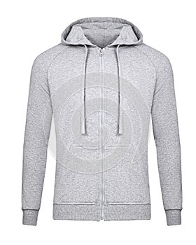 Grey hoodie template with zip. Hoodie sweatshirt long sleeve with zipper, for design mockup for print. Hoody isolated on