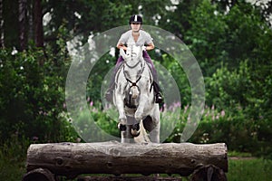 Grey horse with woman rider jumping over obstacle during eventing cross country training