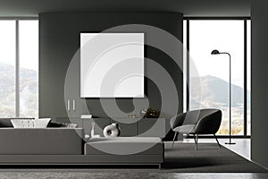 Grey hotel living room interior dresser and armchair near window, mockup frame