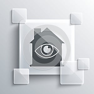Grey House with eye scan icon isolated on grey background. Scanning eye. Security check symbol. Cyber eye sign. Square