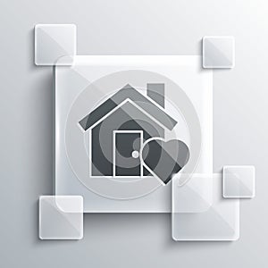 Grey House with heart shape icon isolated on grey background. Love home symbol. Family, real estate and realty. Square